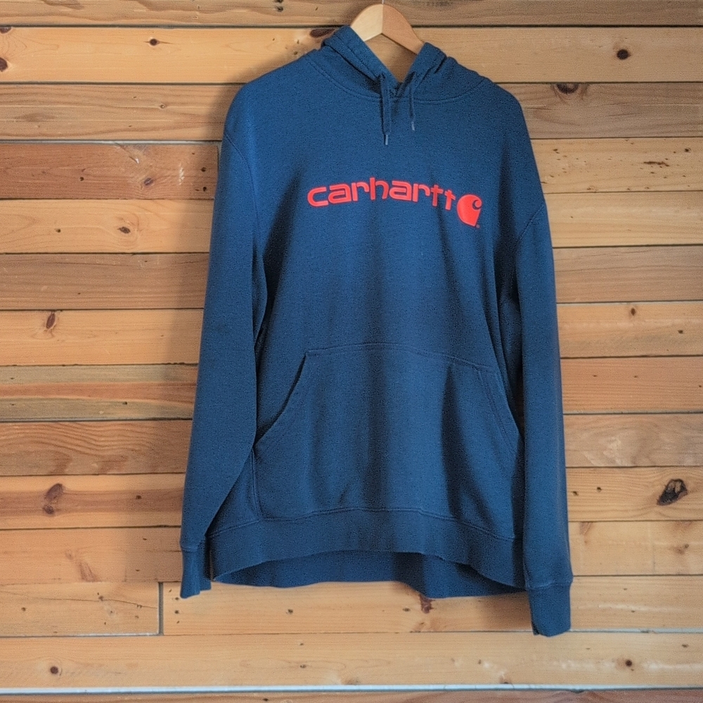 Carhartt Pullover Hoodie in Deep Blue with Bright Red Logo